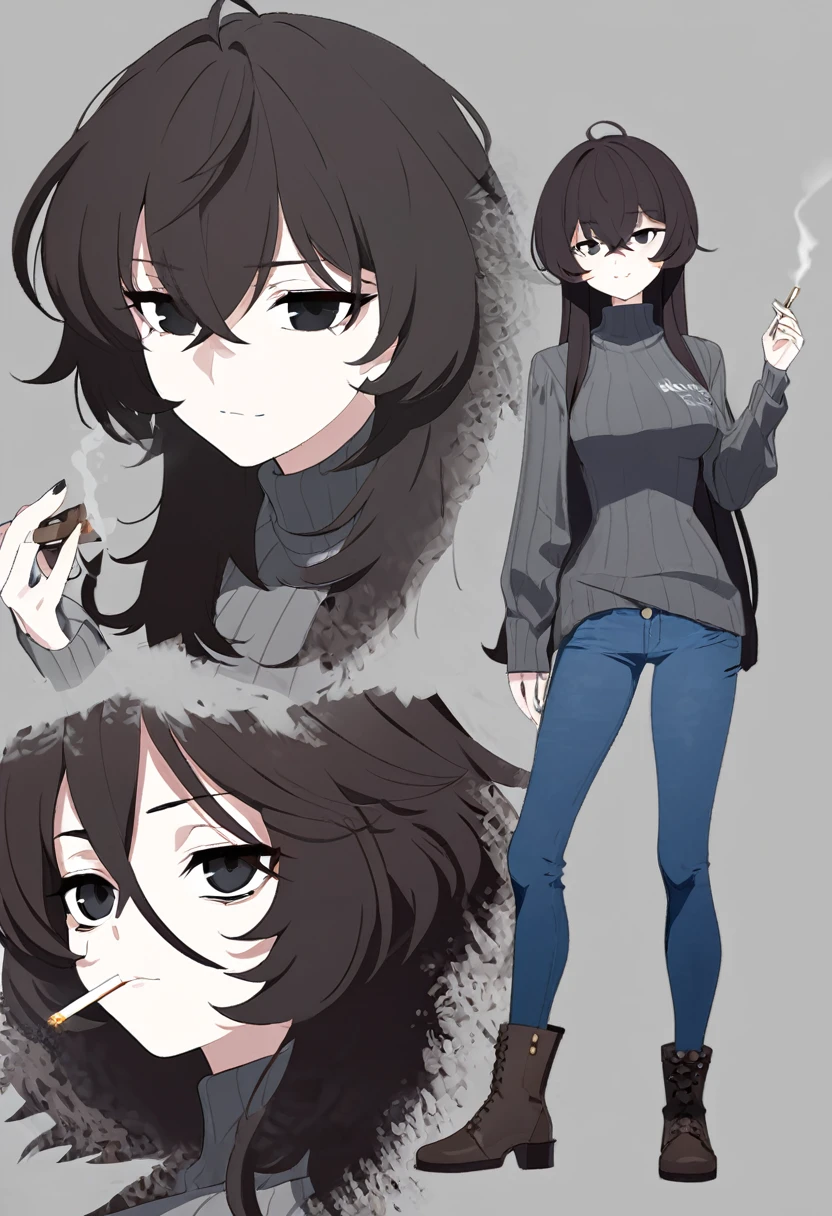 One Woman,Downer,older sister,Concept Art,Dark brown hair,Straight hair with slight inward curls,Staring eyes,Eye Ridge,black eye,Crossed bangs,whole body,smile,Slightly larger breasts,Gray background,Bangs that reach down to the eyes,Messy hair,Tight dark jeans,Gray turtleneck sweater,Multiple views of the same character,Character Design,Dark circles under the eyes,Bad look,Listless,Sloppy,Silver Jewelry,Cafe staff,Holding a cigarette,whole bodyCharacter Design,Detailed hands,Height: 170cm,boots,