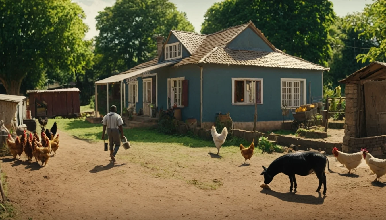 create an image for a video cover, like a film advertisement at the cinema, rural house, black man in front, backyard with dog, chickens, pigs, donkey