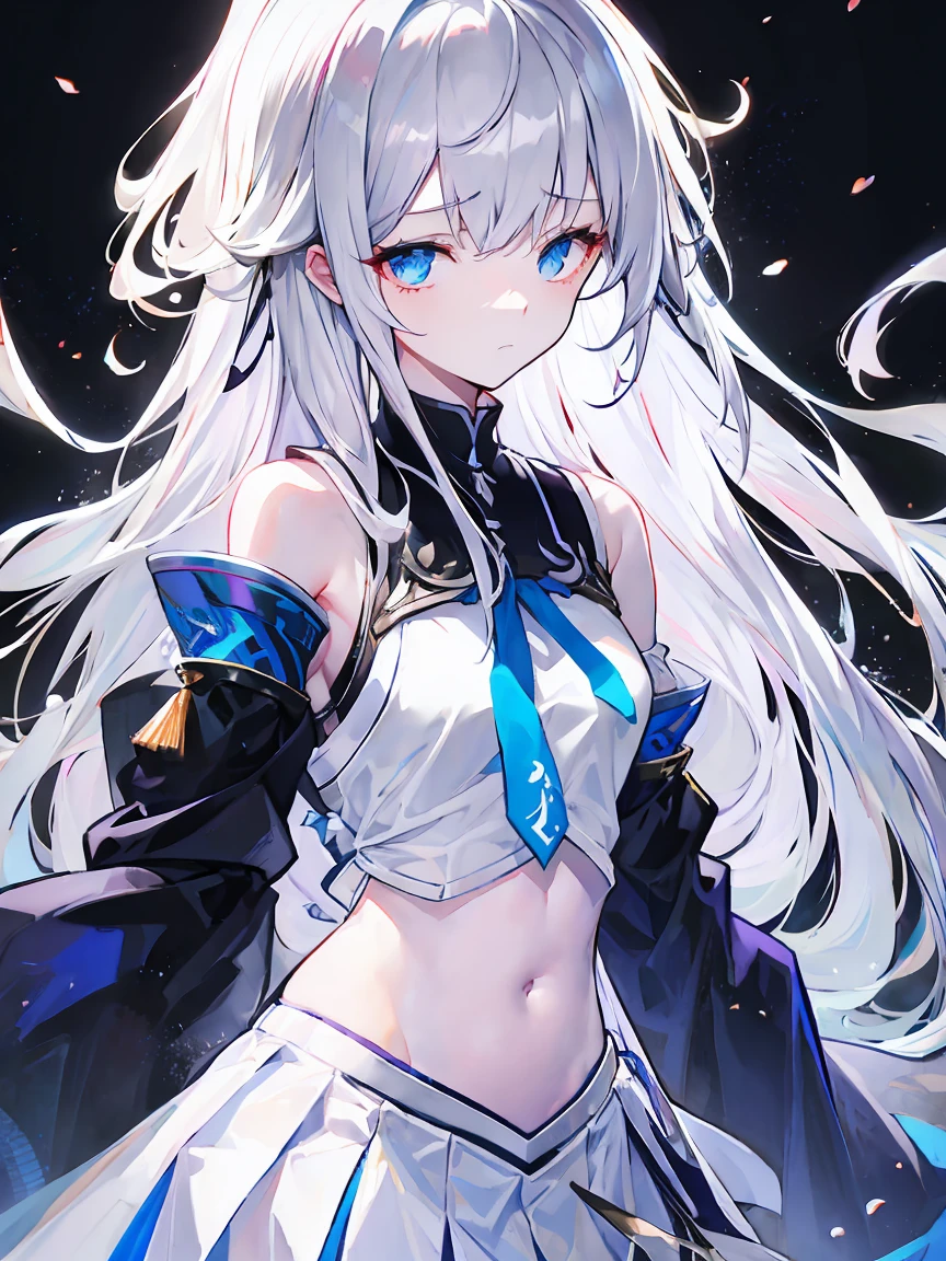 Light purple gradient hair,asymmetrical hair,((Thick hair 1.8,Clear head outline 1.6)), Shoulder-length hair, messy hair, Very long hair, shiny hair,(long gray hair:1.2),A beautiful girl,(White school uniform, Black skirt,Navel,Bare shoulders,Blue tie)(Separate sleeves,Wide sleeves),(Fingerless gloves),(Transparent clothes transparent 1.8),Perfect body,,(Looks sad,Looks haggard ,Grief,shut your mouth:1.2) With dark forest background,,Upper body photo。(avatar)