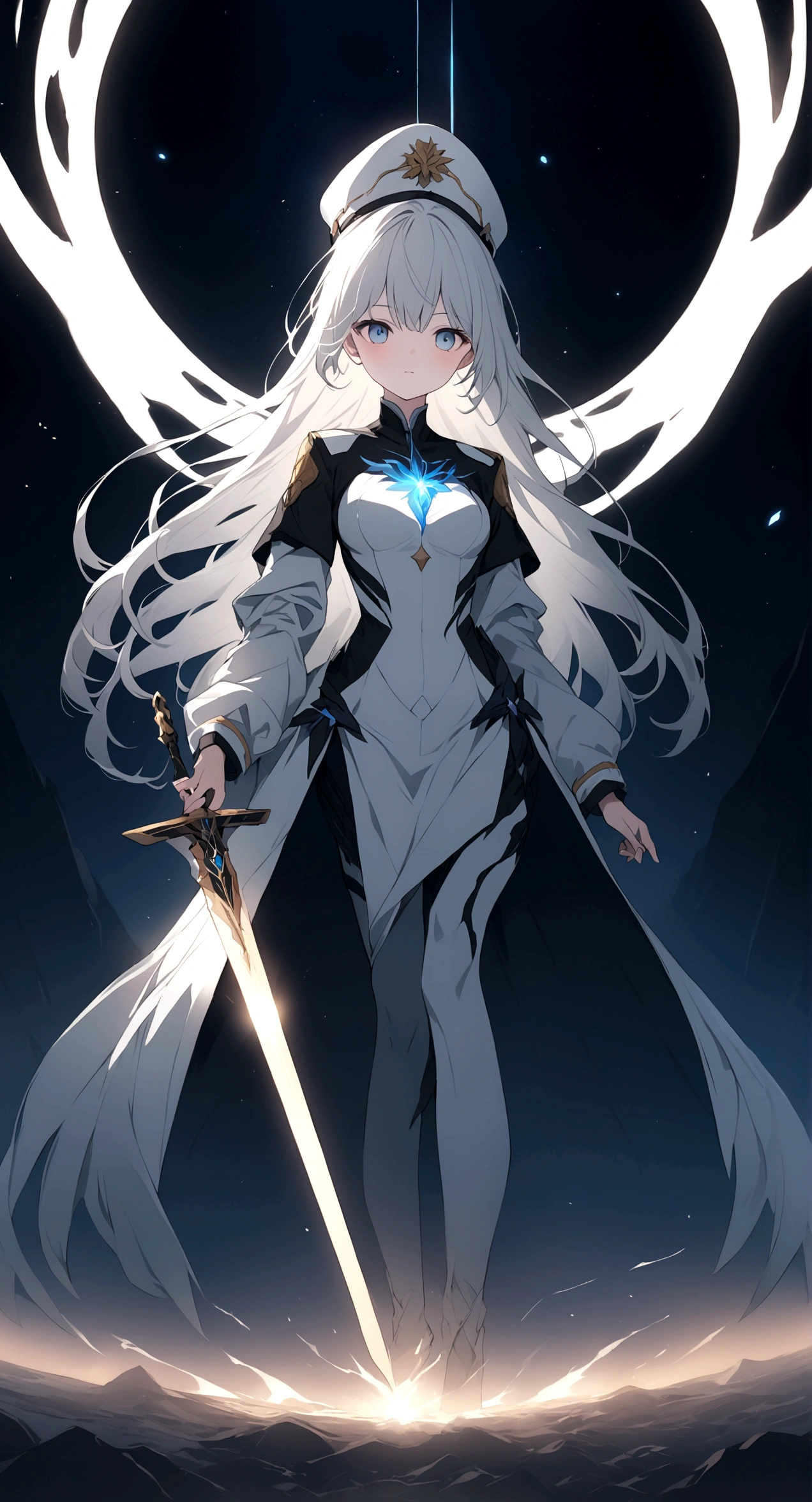 Picture a scene steeped in the depths of space science fiction warfare, where a female commander emerges as the embodiment of resilience and command. Her presence is striking, with white hair that cascades like a cosmic waterfall, tinged with a subtle shade of glowing blue, reminiscent of the distant nebulas. She stands boldly in the midst of an burned interstellar conflict to punish the wicked, her modern advanced space uniform pristine and decorated with the emblems of her esteemed position as a commander. The commander’s hat she wears is not just a piece of attire but a symbol of her earned authority. Clutched in her grasp is a mystical sword, its blade alight with an ethereal blue flame that whispers of ancient power and forgotten lore. As she raises the sword, it seems to resonate with the energy of the cosmos itself. Behind her, the theater of war is set against the breathtaking backdrop of a contact binary star system, its twin suns weaving a dance of light spark and gravity that illuminates the void. Their connection forges a radiant arc across the sky, a bridge between worlds and a beacon in the tumultuous dark. This image seeks to capture the commander’s indomitable spirit, the fierce beauty of her unique appearance, and the grandeur of the universe that serves as the stage for this epic saga
