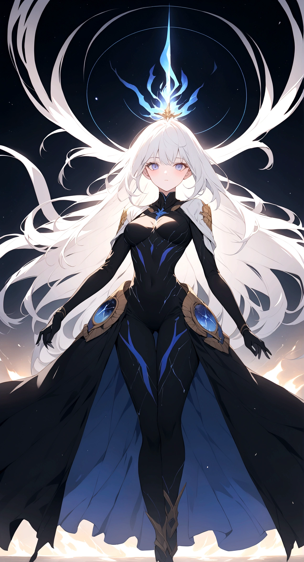 Picture a scene steeped in the depths of space science fiction warfare, where a female commander emerges as the embodiment of resilience and command. Her presence is striking, with white hair that cascades like a cosmic waterfall, tinged with a subtle shade of glowing blue, reminiscent of the distant nebulas. She stands boldly in the midst of an burned interstellar conflict to punish the wicked, her modern advanced space uniform pristine and decorated with the emblems of her esteemed position as a commander. The commander’s hat she wears is not just a piece of attire but a symbol of her earned authority. Clutched in her grasp is a mystical sword, its blade alight with an ethereal blue flame that whispers of ancient power and forgotten lore. As she raises the sword, it seems to resonate with the energy of the cosmos itself. Behind her, the theater of war is set against the breathtaking backdrop of a contact binary star system, its twin suns weaving a dance of light spark and gravity that illuminates the void. Their connection forges a radiant arc across the sky, a bridge between worlds and a beacon in the tumultuous dark. This image seeks to capture the commander’s indomitable spirit, the fierce beauty of her unique appearance, and the grandeur of the universe that serves as the stage for this epic saga