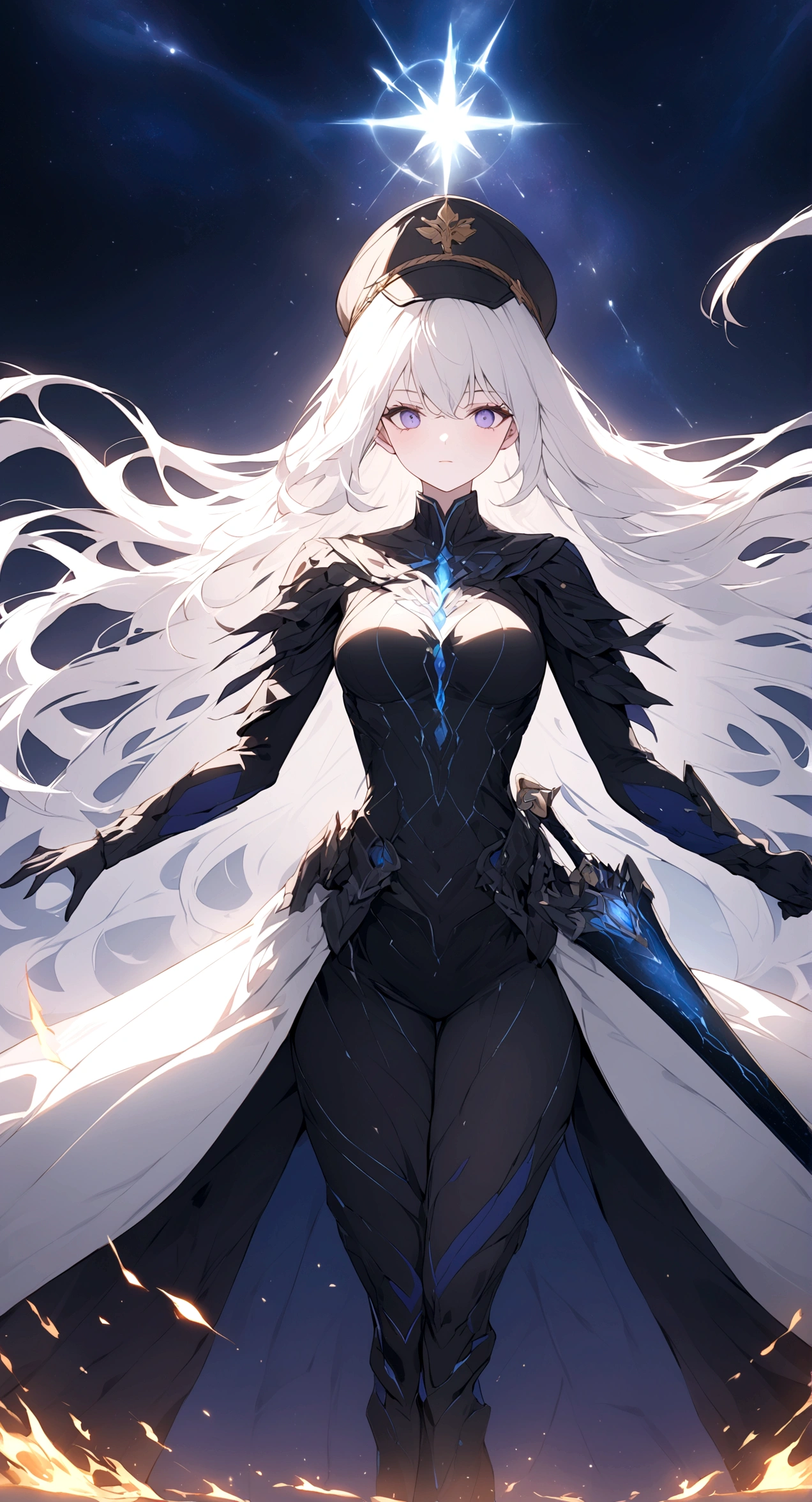 Picture a scene steeped in the depths of space science fiction warfare, where a female commander emerges as the embodiment of resilience and command. Her presence is striking, with white hair that cascades like a cosmic waterfall, tinged with a subtle shade of glowing blue, reminiscent of the distant nebulas. She stands boldly in the midst of an burned interstellar conflict to punish the wicked, her modern advanced space uniform pristine and decorated with the emblems of her esteemed position as a commander. The commander’s hat she wears is not just a piece of attire but a symbol of her earned authority. Clutched in her grasp is a mystical sword, its blade alight with an ethereal blue flame that whispers of ancient power and forgotten lore. As she raises the sword, it seems to resonate with the energy of the cosmos itself. Behind her, the theater of war is set against the breathtaking backdrop of a contact binary star system, its twin suns weaving a dance of light spark and gravity that illuminates the void. Their connection forges a radiant arc across the sky, a bridge between worlds and a beacon in the tumultuous dark. This image seeks to capture the commander’s indomitable spirit, the fierce beauty of her unique appearance, and the grandeur of the universe that serves as the stage for this epic saga