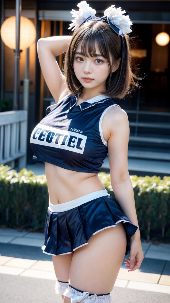 masterpiece, best quality, illustration, Super detailed, fine details, High resolution, 8K,wall paper, perfect dynamic composition,(Details High quality, realistic depiction of eyes:1.3), hotel room, (cheer girl:1.5),(a miniskirt), to stand、large breasts,short bob hair, black hair color, Big Natural Color Lip, bold sexy pose, crying a little、Harajuku style、20 year old girl、cute type、ta、beautiful legs, hposing Gravure Idol
