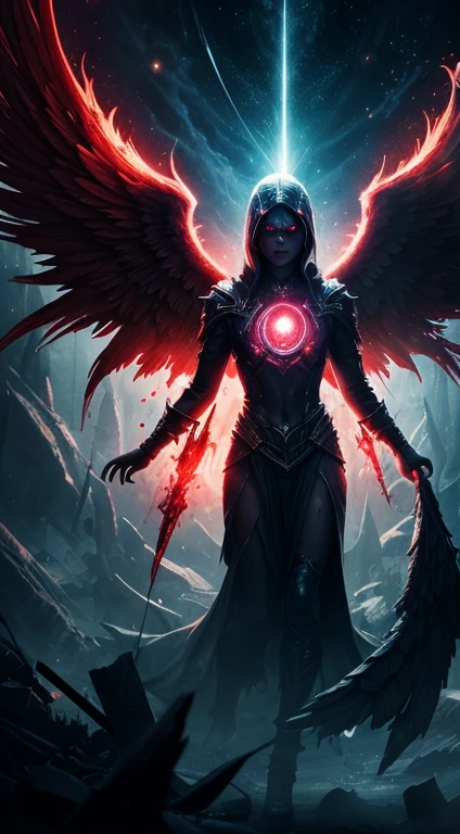 masterpiece, best quality, absurdres, 4k, 8k, uhd
create fallen archangel,detailed angel wins, bloodlust, red glowy eyes, eerie, creepy, nightmarish, very bright colors, light particles, wallpaper art, cosmic energy,high detailed