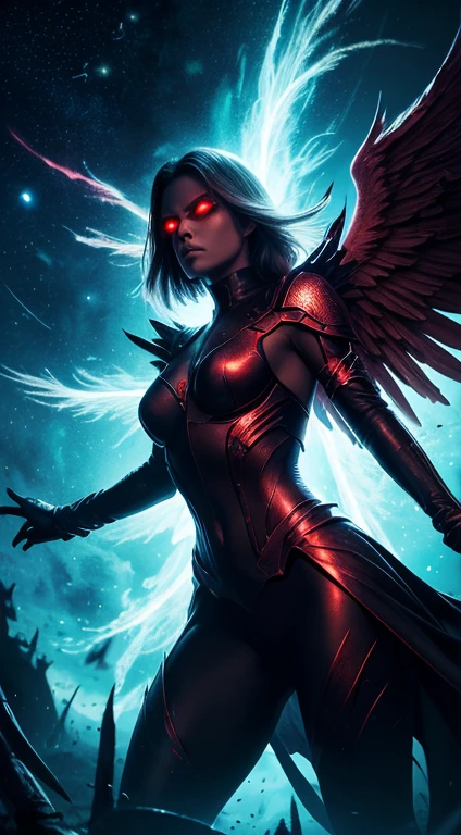 masterpiece, best quality, absurdres, 4k, 8k, uhd
create fallen archangel,detailed angel wins, bloodlust, red glowy eyes, eerie, creepy, nightmarish, very bright colors, light particles, wallpaper art, cosmic energy,high detailed