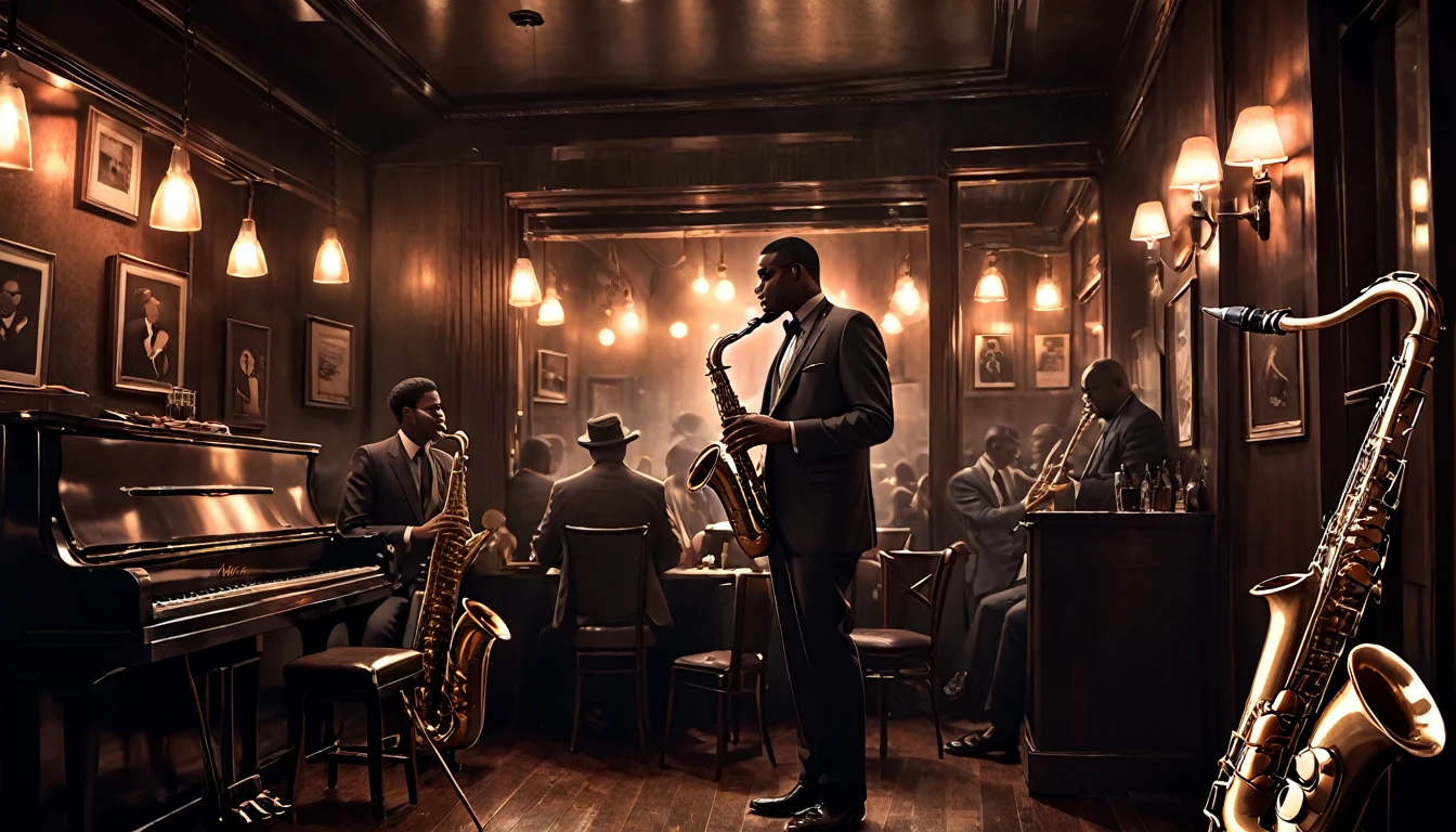 a moody scene at a intimate jazzclub, dark and smokey, a sole saxophonist is playing the gig of a lifetime, insane intricate detail, award winning art, raytracing, sharp focus, 8k, hdr, masterpiece, professional, highly detailed, perfect hands