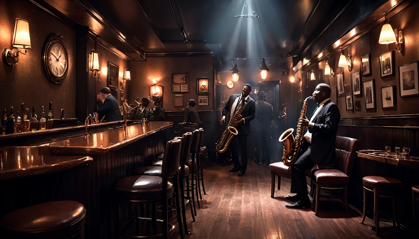 a moody scene at a intimate jazzclub, dark and smokey, a sole saxophonist is playing the gig of a lifetime, insane intricate detail, award winning art, raytracing, sharp focus, 8k, hdr, masterpiece, professional, highly detailed, perfect hands