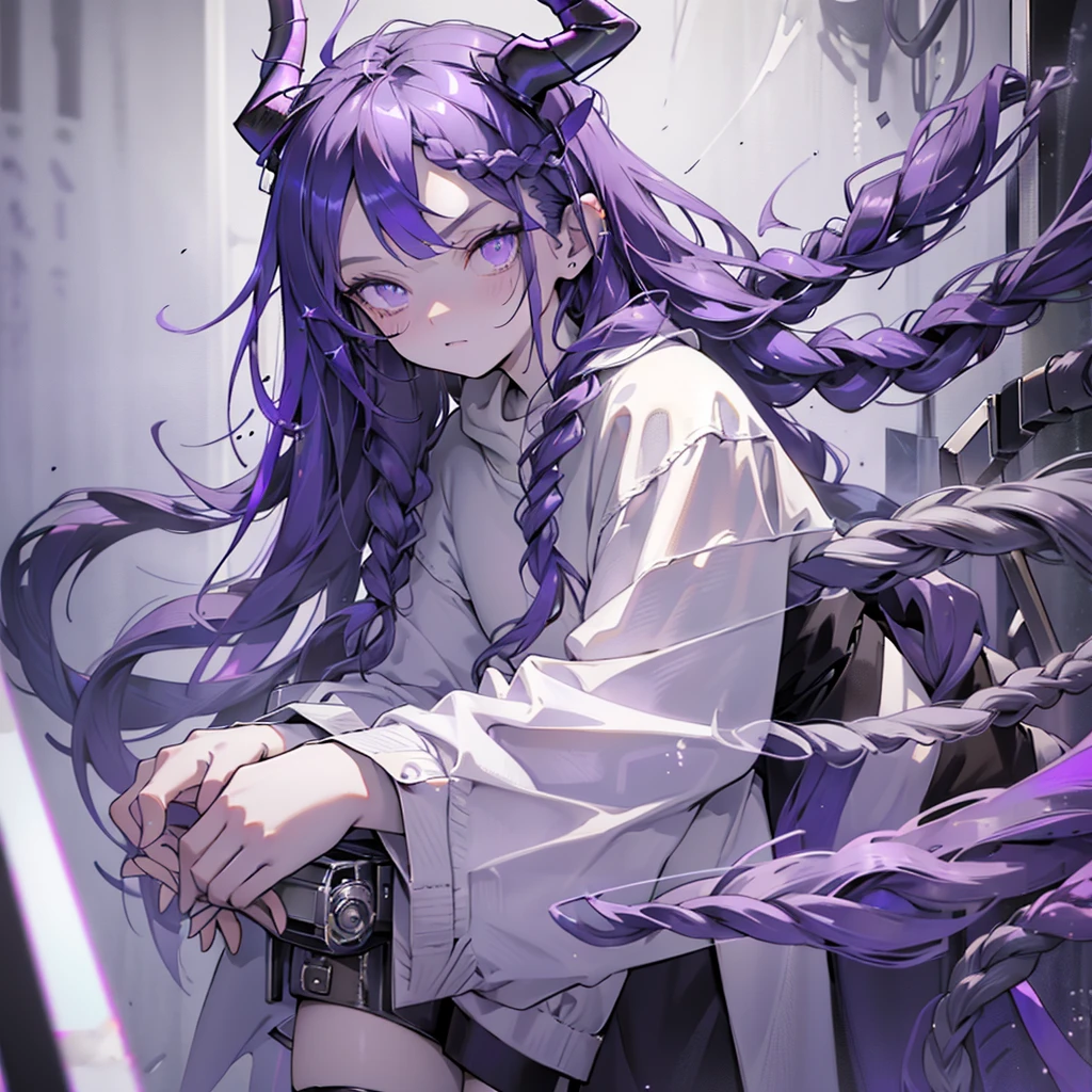 boy. open forehead. Long dark purple hair braided on the left side. Black horns with white ribbon. pale violet eyes. Long white t-shirt. Dark purple shorts. Dark purple knee socks. Robe with a white hood with an ornament of gold rings. Concrete walls black limit purple light water on the floor