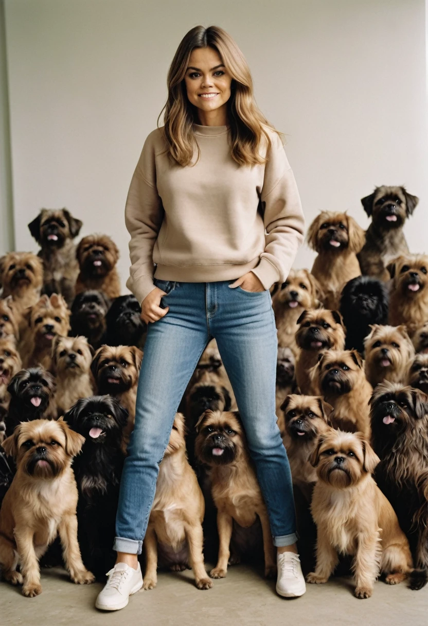 woman in a sweatshirt and jeans with light brown long hair in the center and 50 dogs around her, dogs breed is Brussels Griffon, film photo
