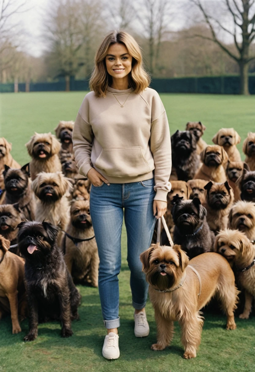 woman in a sweatshirt and jeans with light brown long hair in the center and 50 dogs around her, dogs breed is Brussels Griffon, film photo