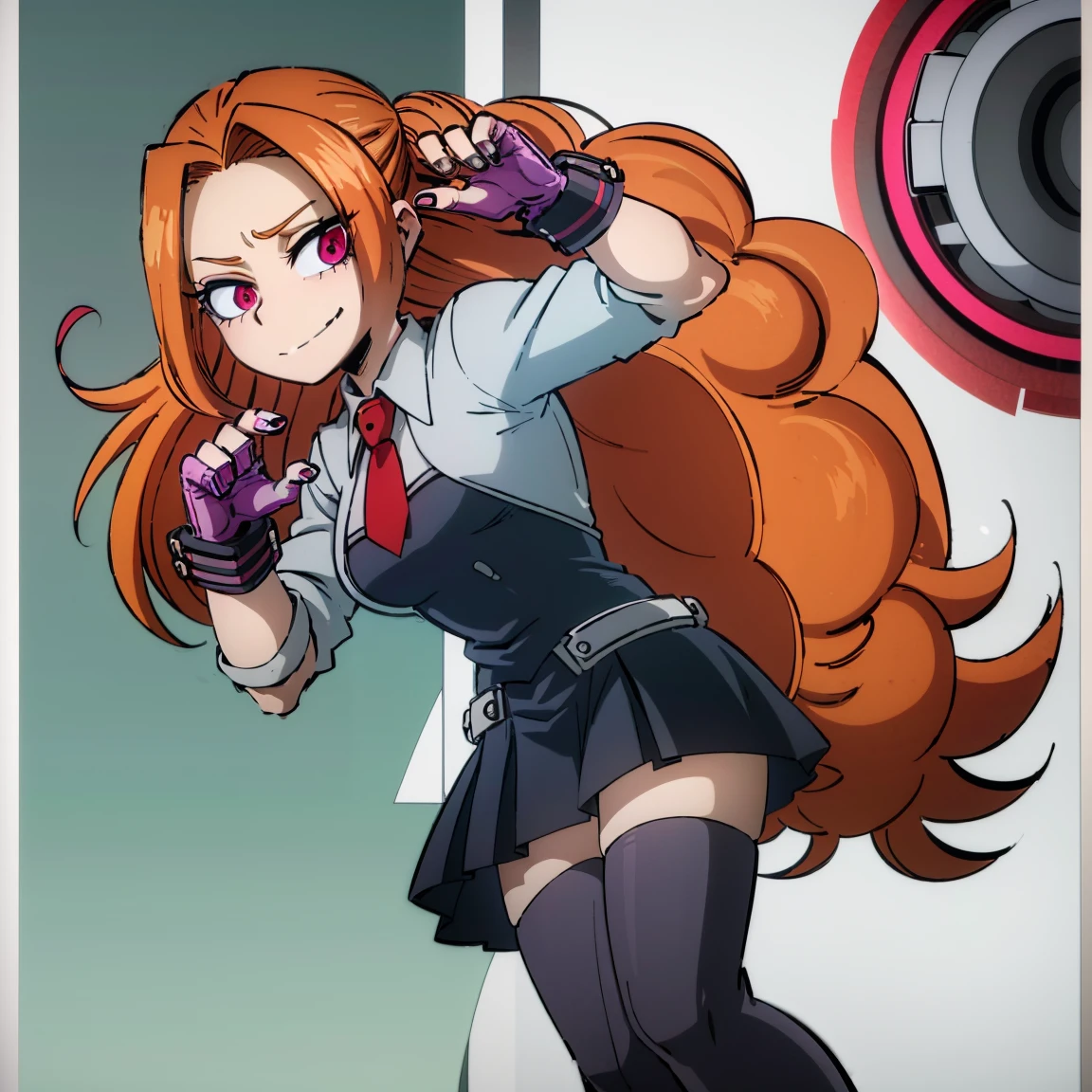 1girl, female focus, adagio dazzle, boku no hero academia, masterpiece, best quality, very aesthetic, absurdres, curly ponytail hair, orange hair, magenta eyes, smirk, gray jacket, red tie, white shirt, teal skirt, gray tights, boots 