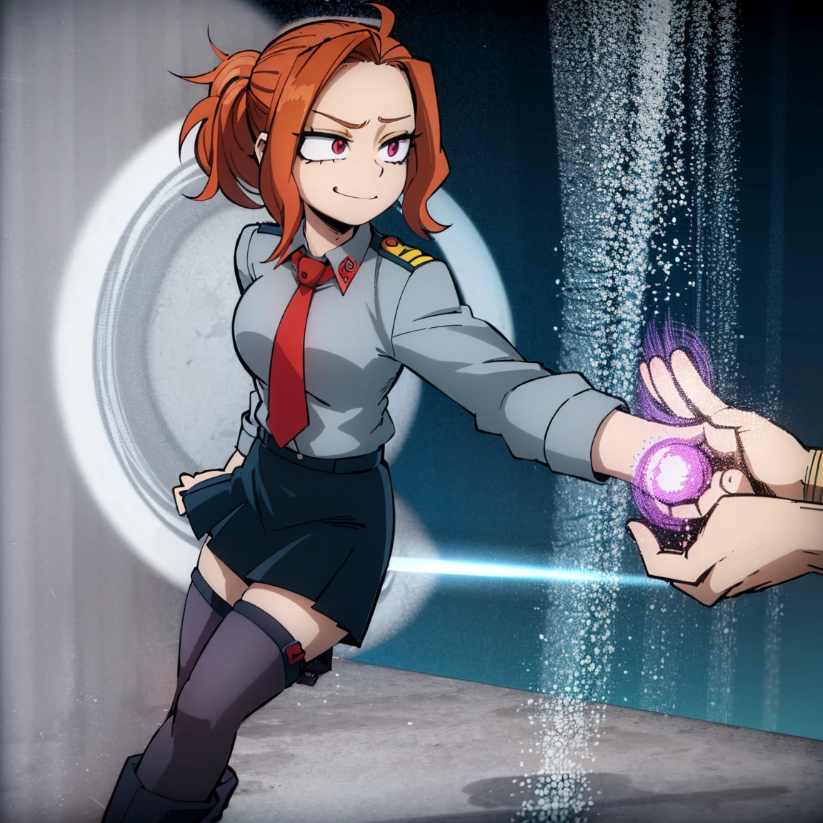 1girl, female focus, adagio dazzle, boku no hero academia, masterpiece, best quality, very aesthetic, absurdres, curly ponytail hair, orange hair, magenta eyes, smirk, gray jacket, red tie, white shirt, teal skirt, gray tights, boots 