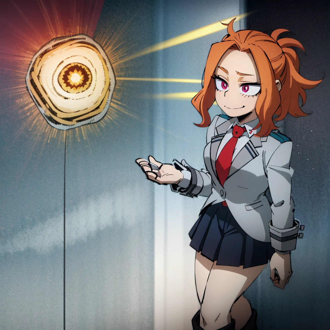 1girl, female focus, adagio dazzle, boku no hero academia, masterpiece, best quality, very aesthetic, absurdres, curly ponytail hair, orange hair, magenta eyes, smirk, gray jacket, red tie, white shirt, teal skirt, gray tights, boots 