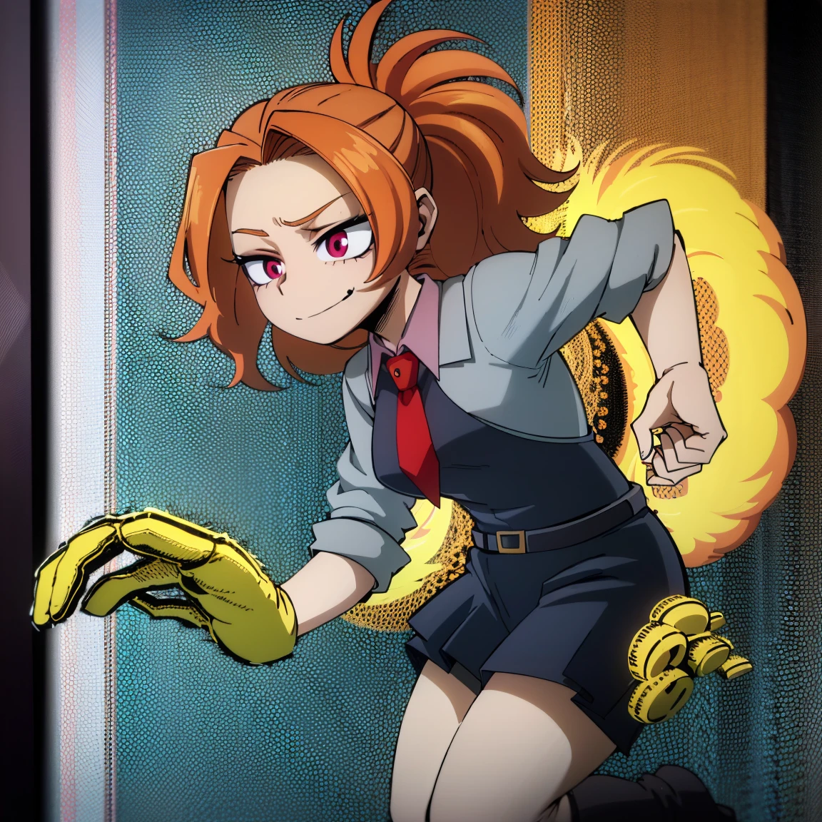 1girl, female focus, adagio dazzle, boku no hero academia, masterpiece, best quality, very aesthetic, absurdres, curly ponytail hair, orange hair, magenta eyes, smirk, gray jacket, red tie, white shirt, teal skirt, gray tights, boots 