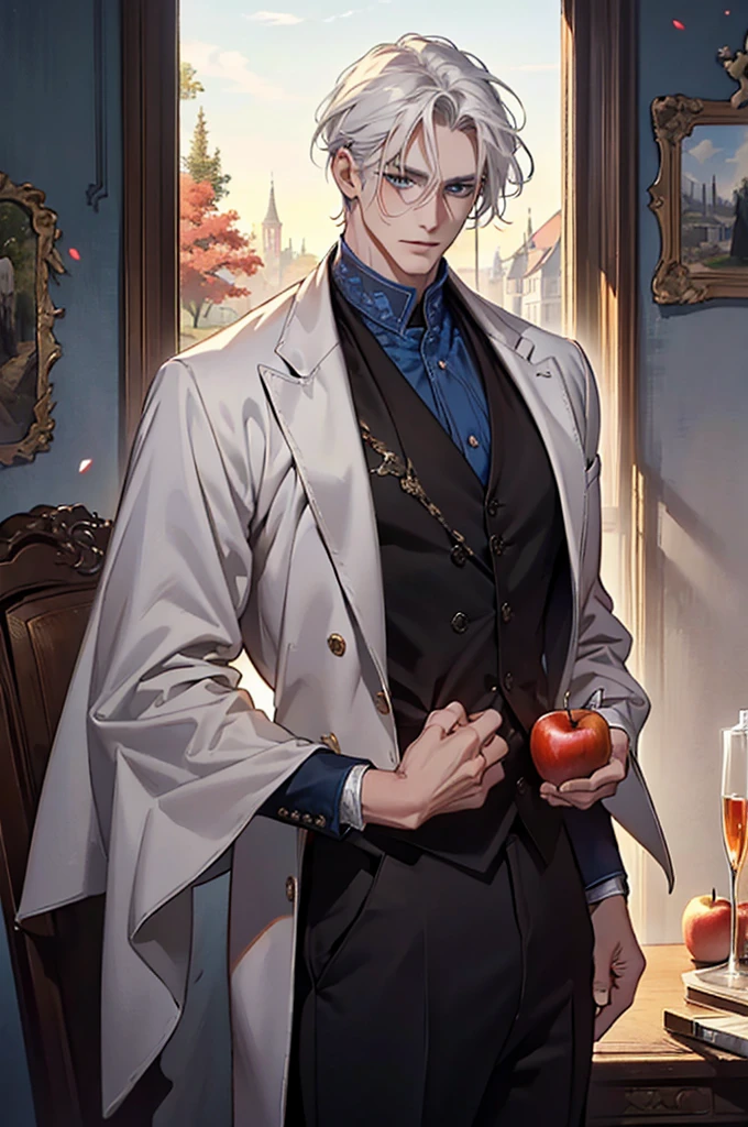 ((masterpiece:1.2, Best quality)), 4k, adult, European face, 1 person, male, mature, masculine, Beautiful, very tall, Muscles, broad shoulders, dark casual wear, White skin, medium white hair, Blue eyes, portrait, sunset, old house with apple trees.
