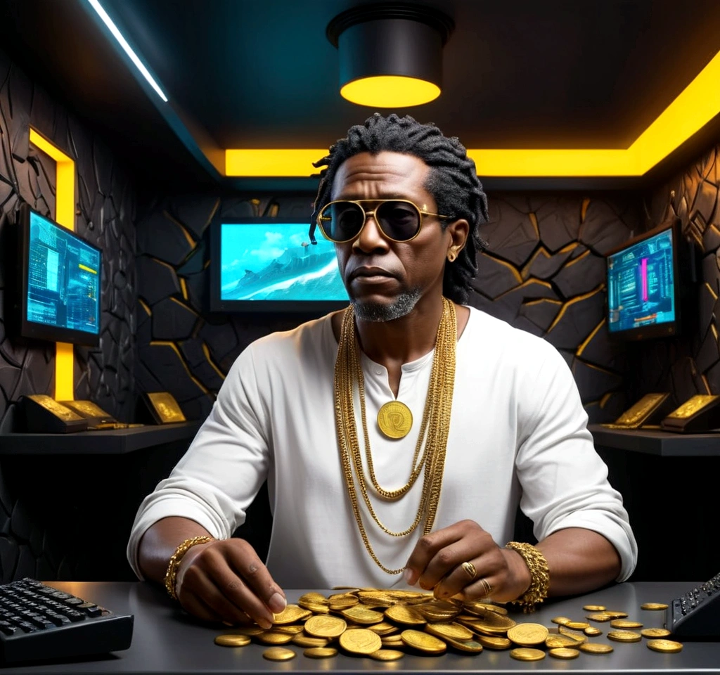 I want a sculpture of stoic philosophers with a black and white background. The image should focus on philosophers holding money or in a meeting and showing wealth. Must be a full body sculpture with walls or buildings in the background.. Hyper realistic wearing the gold chain glasses, several gold coins scattered on the floor ,Jovem de pele escura e mista, com longos cabelos pretos, carregando um telefone no computador e segurando dois monitores, sentada na sala, cyberpunk sci-fi tropical island., brilhante, detalhado, 8K, intricado, Fantastic, vibe colorida, brilhante, maravilhoso, Reggae
