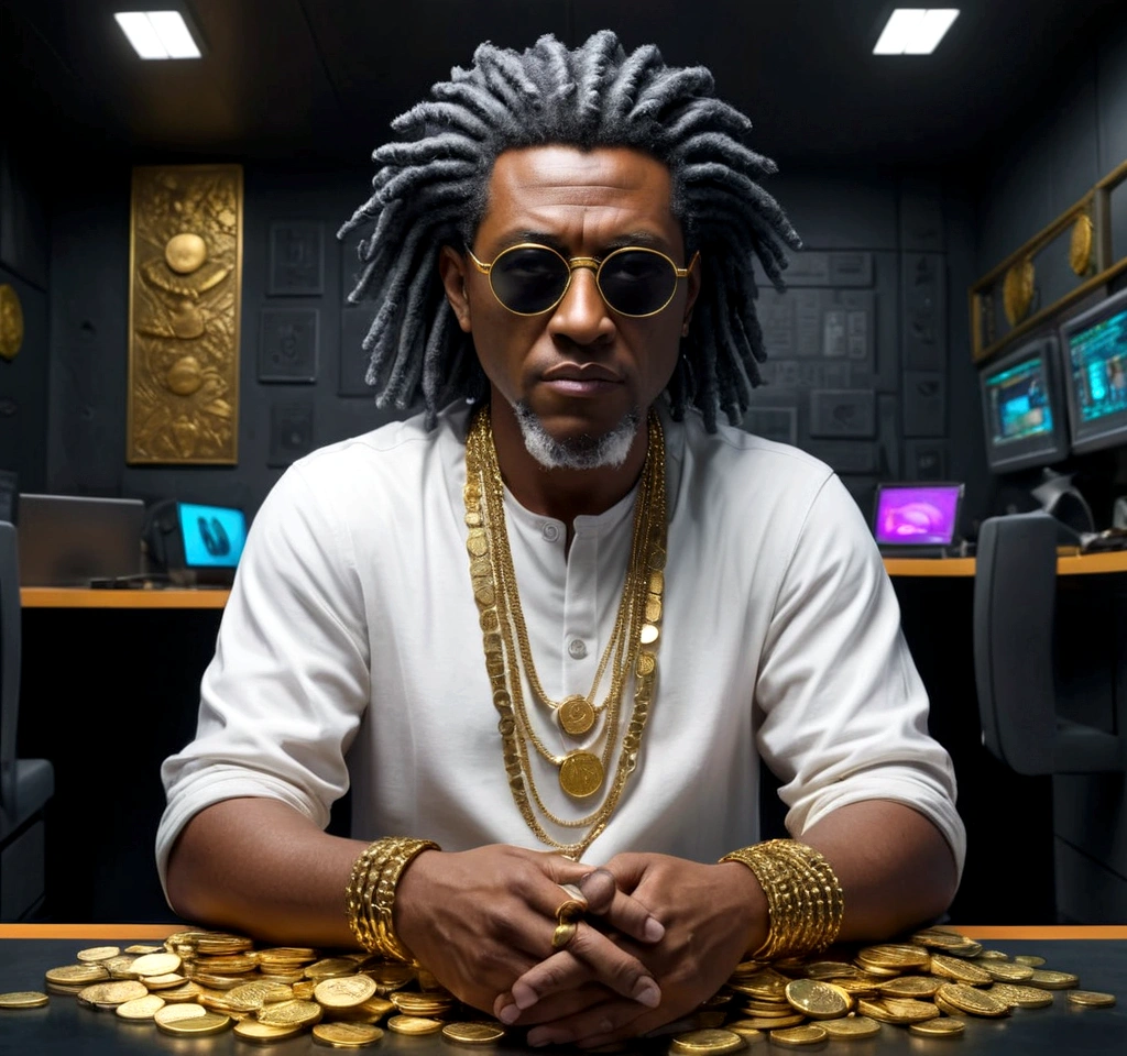 I want a sculpture of stoic philosophers with a black and white background. The image should focus on philosophers holding money or in a meeting and showing wealth. Must be a full body sculpture with walls or buildings in the background.. Hyper realistic wearing the gold chain glasses, several gold coins scattered on the floor ,Jovem de pele escura e mista, com longos cabelos pretos, carregando um telefone no computador e segurando dois monitores, sentada na sala, cyberpunk sci-fi tropical island., brilhante, detalhado, 8K, intricado, Fantastic, vibe colorida, brilhante, maravilhoso, Reggae