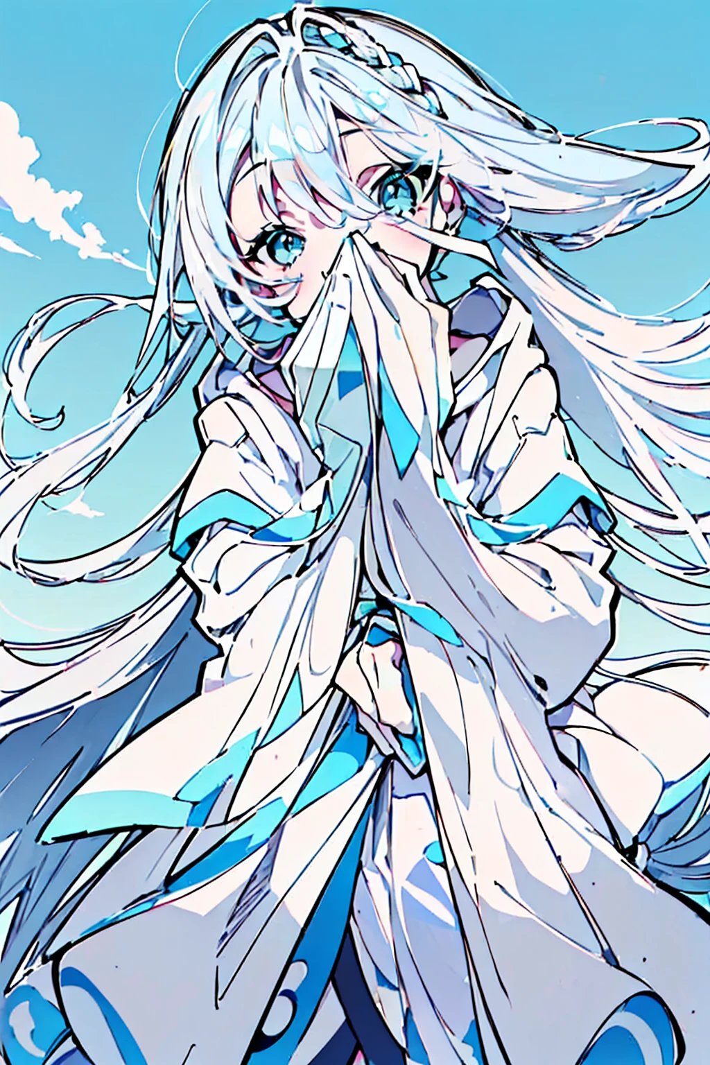 masterpiece,Highest quality,Super detailed, (((Pastel sky blue and white mullet)))) , ((((A woman covering her mouth with both hands))), upright, From the waist up, Cute and adorable high school student, hoodie,Off the shoulder:1.2, Mostima, Arknights, smile, Penguin Logistics, Light art, Soft Art, A fleeting and fantastical feeling