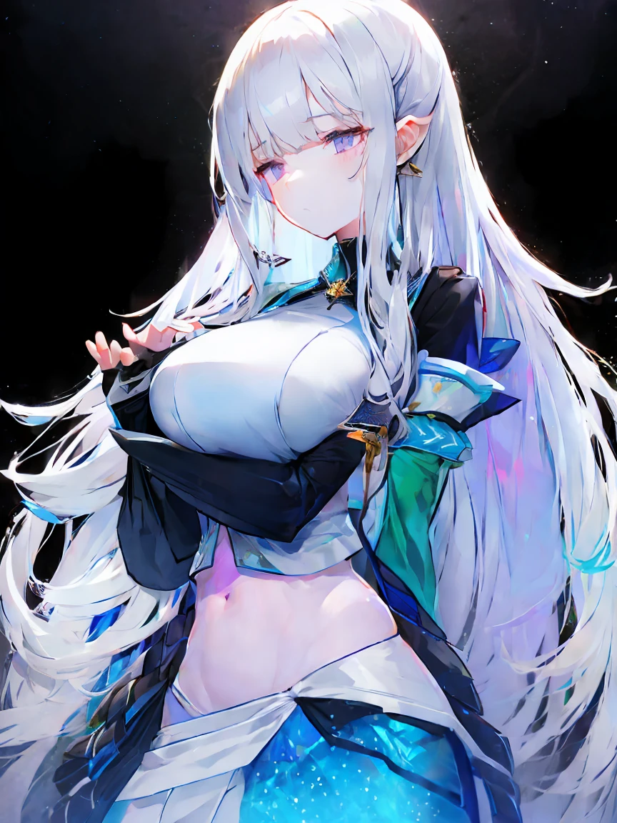 Light purple gradient hair,asymmetrical hair,（（Thick hair 1.8，Clear head outline 1.6））， Shoulder-length hair, messy hair, Very long hair, shiny hair，(long gray hair:1.2),A beautiful girl，（White school uniform, Black skirt，Navel，Bare shoulders，Blue tie）(Separate sleeves,Wide sleeves),(Fingerless gloves)，（Transparent clothes transparent 1.8），Perfect body，，(Looks sad，Looks haggard ，Grief，shut your mouth：1.2） With dark forest background，，Upper body photo。（avatar）