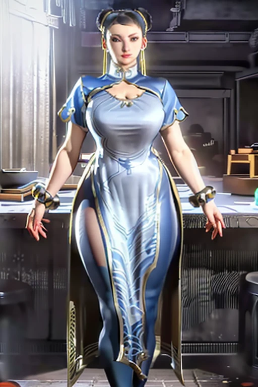 Practical, realism, photorealism, photo-Practical, High contrast, (photoPractical:1.4), 8k high definition detailed Practical, (best quality, masterpiece:1.2), Photon Mapping, Radiosity, Physically Based Rendering, best quality, Very detailed, 1 Girl, SF Chunli,(((Full and soft breasts,)))(((Large Breasts))) (((Cleavage))), whole body, indoor, Room lighting,