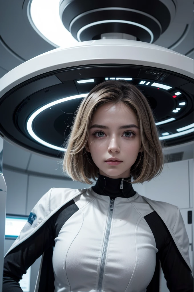 Create an ultra HD image of a scientist in a futuristic laboratory, introducing the Thought Translator Machine, um dispositivo elegante com luzes brilhantes e design moderno.