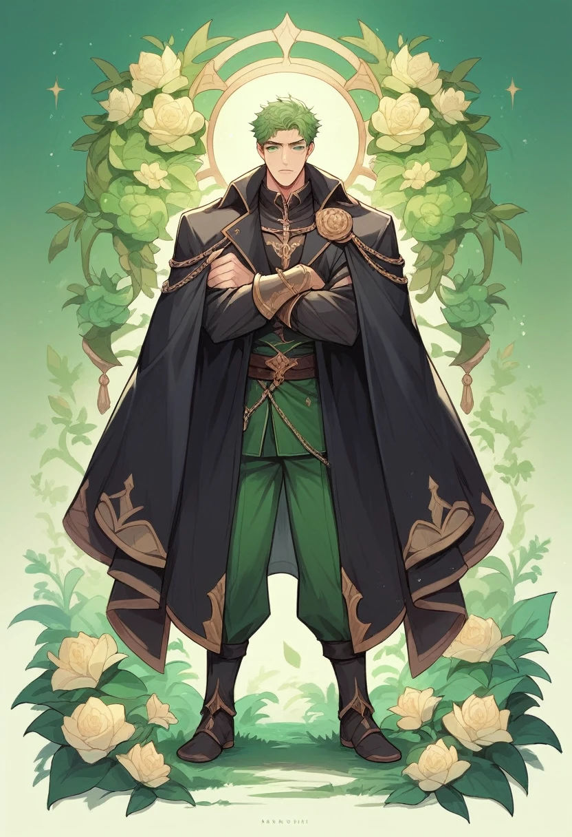 1boy, ((handsome)), masterpiece, detail, standing, full body, black coat, chained, short green hair, focus face, light green eyes, fantasy, prince flower background