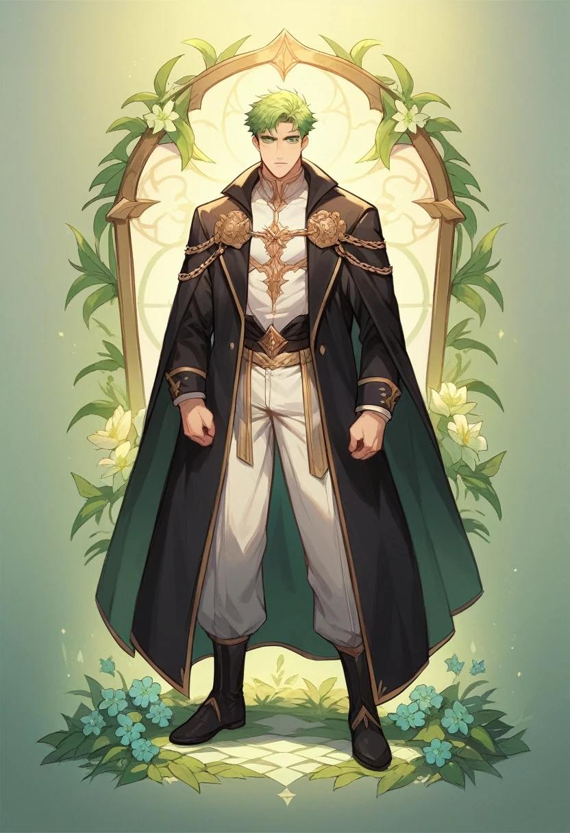 1boy, ((handsome)), masterpiece, detail, standing, full body, black coat, chained, short green hair, focus face, light green eyes, fantasy, prince flower background
