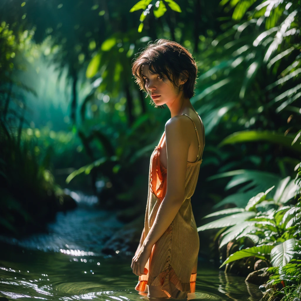 Best quality, masterpiece, ultra high res, (photorealistic:1.5), full body shot from a danish young pretty women wearing sundress with woolen fabric submarged in water with waterfall in background, dark forest atmosphere, dynamic deep shadow, low key, sunlight exposure on the face, dancing pose, short hair, (masterpiece:1.2), textured skin, motion blur effect, best quality, 8k, dark moody, realism, zenit analog camera shot, aesthetic art photorealistic, trending photo shot in 2024