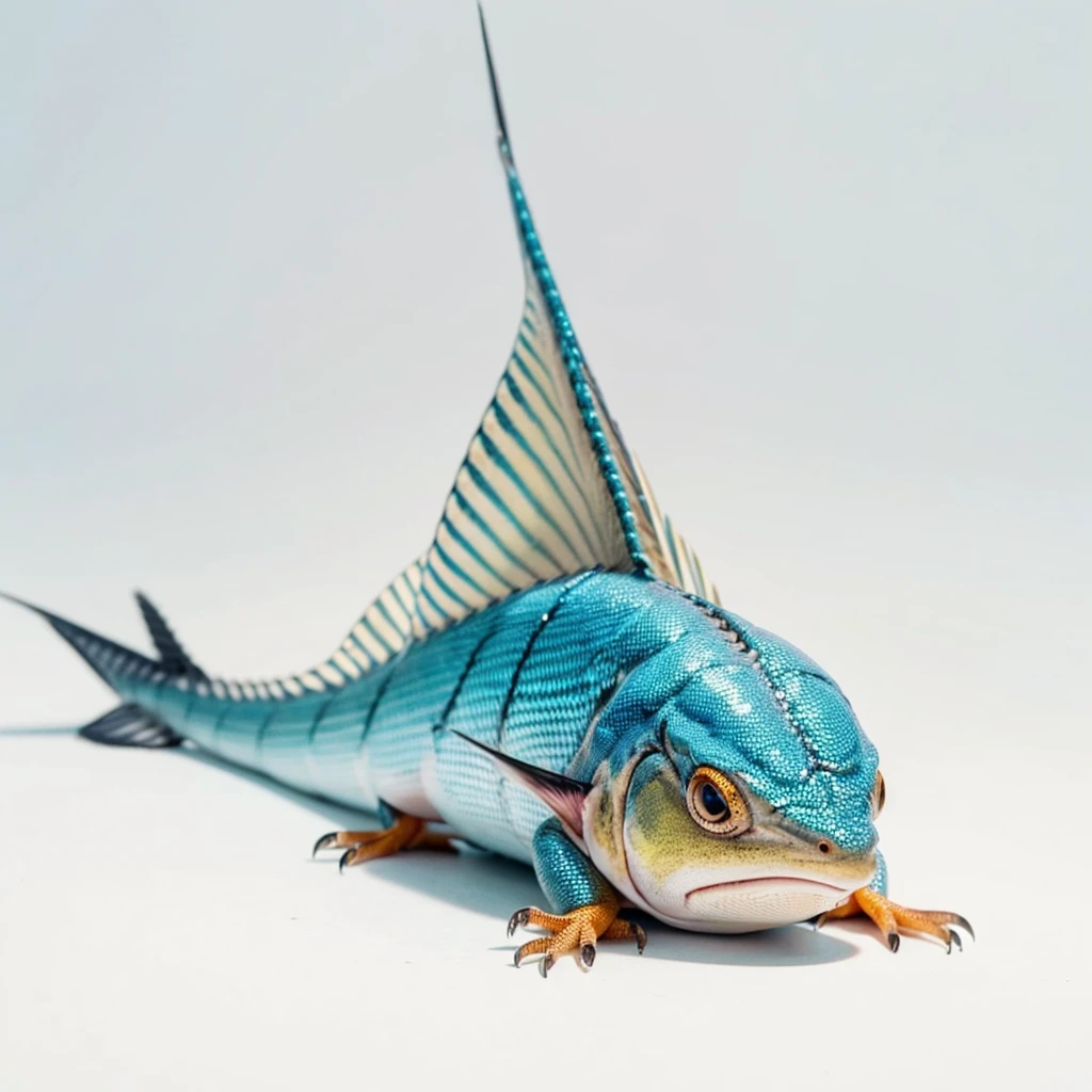 Small Animals, marlin fish mixed with House lizard, has white stripes on its body, Grassroots, no background, (has beard), ((no eyes))