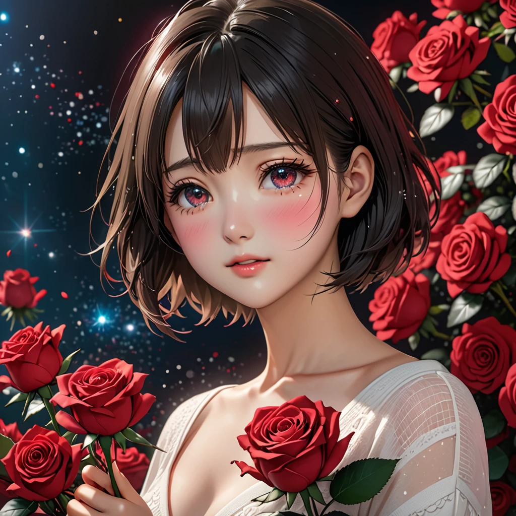 National Science Foundation,masterpiece,High resolution,8K,Art,digit,Three-dimensional,Realism,Kyoto Animation Style,your name movie style,cute,baby face,look into camera,Complex red rose flower background,(1 female: 1.3),(alone: 1.4),(Upper body nudity),Hand holding bouquet of red roses,Long eyelashes,Long thin legs,Short Bob,Close-up of upper body,Close-up,Close up,Eyes as deep as the starry sky,blush,shy,cry,(Tears)