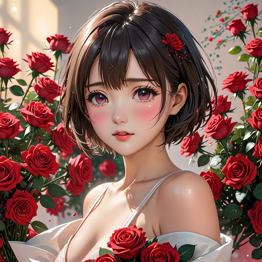 Create an illustration that meets the following conditions:。 -Create an icon with a heart-shaped frame -Realistic anime style - Heartwarming characters -Potato Girl - Fantasy background -Nude Japanese women as the theme -nsfw -boobs