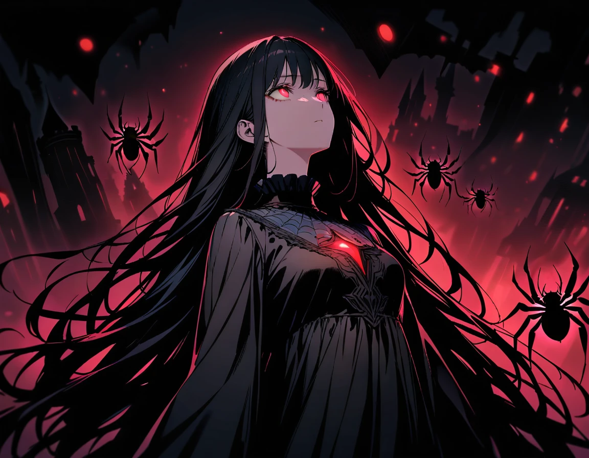 best quality, super fine, 16k, incredibly absurdres, extremely detailed, professional, vivid color, black hair, glowing red eyes, in the darkness, looking up, intense, in the darness, web, spider, arachne, detailed background,fantasy setting, dark castle background, long hair, flowy, wind, gloomy, dress, frills, dark magic,