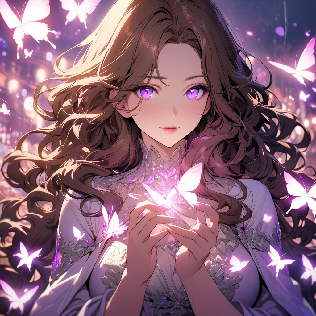girl, brown hair, wavy hair, long hair, glowing purple eyes, mature, gorgeous, beautiful background, super detail, beautiful color, glowing butterfly, angel, main face