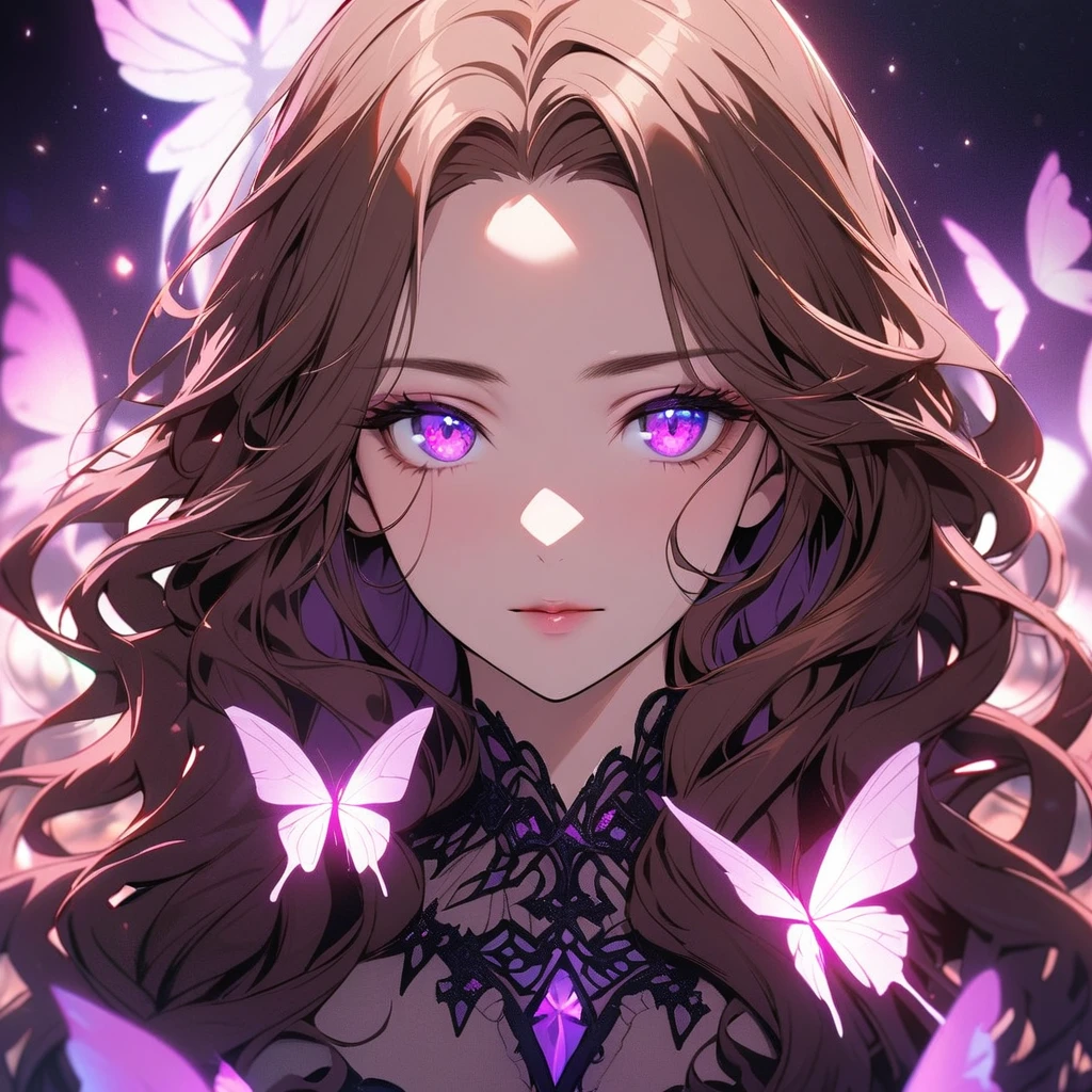girl, brown hair, wavy hair, long hair, glowing purple eyes, mature, gorgeous, beautiful background, super detail, beautiful color, glowing butterfly, angel, main face