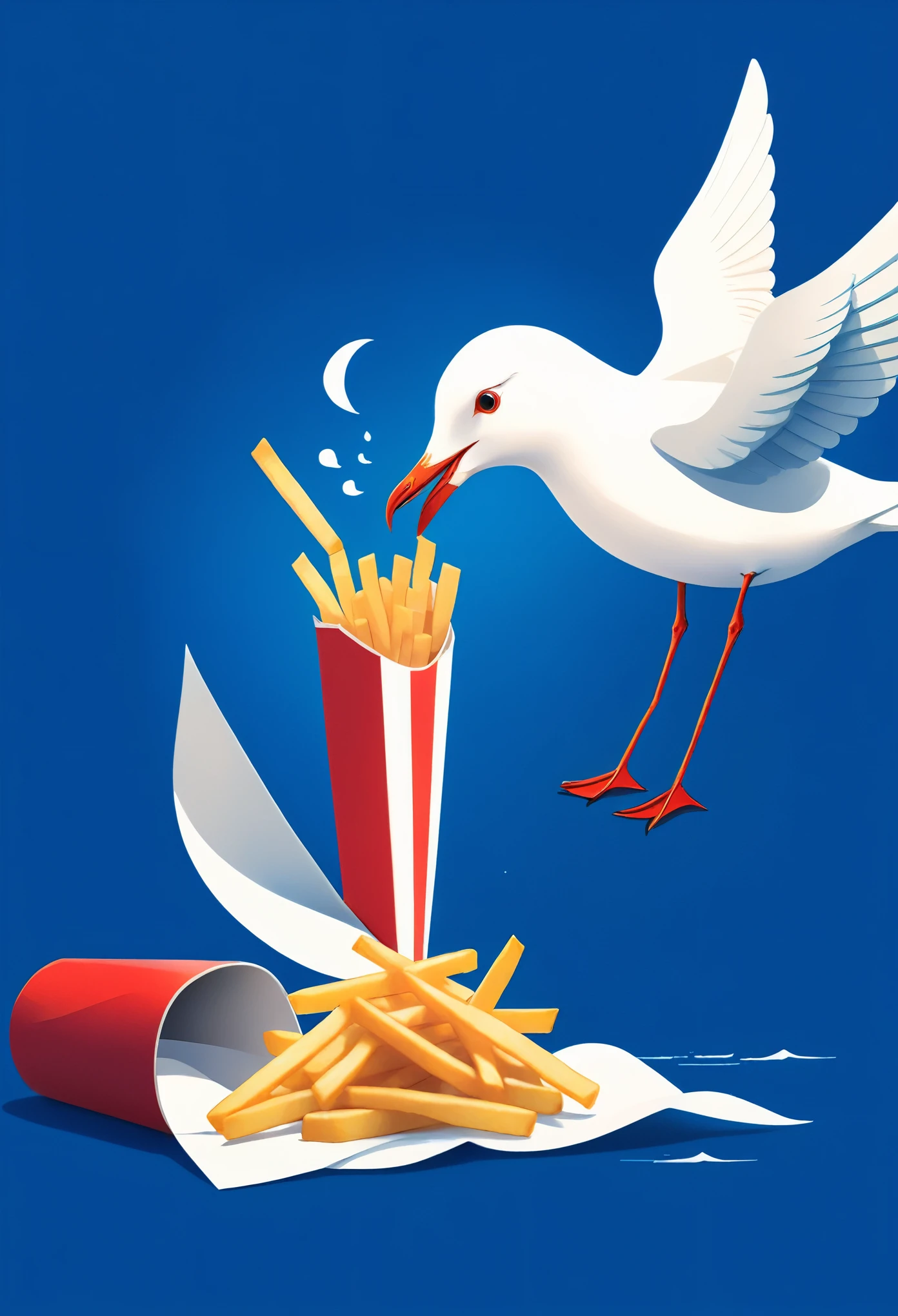 Fixes,カモメの足をFixesする,Anatomically correct,cute illustration,A sailor-style seagull is adding French fries to its beak,This design is used for Scandinavian goods, T-shirts, etc.,Influenced by Lisa Laurent,Illustrations drawn by picture book authors,minimalist,simple and cute,White,blue,red,seagull,french fries,best composition,Eye-friendly color balance,nordic style,(highest quality:1.4),unity 8k wallpaper,This is an illustration popular with women and children.,cute,fancy,Please draw carefully