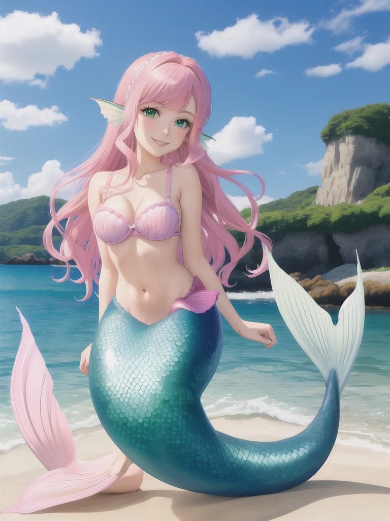 masterpiece, best quality:1.2), 1girl, smile, looking at viewer, green eyes, pink hair, mermaid, mermaid girl, wearing purple seashell bra, sitting on beach, pink mermaid tail, outdoors, hirogaru sky precure, mashiro nijigaoka, head fins, fin ears