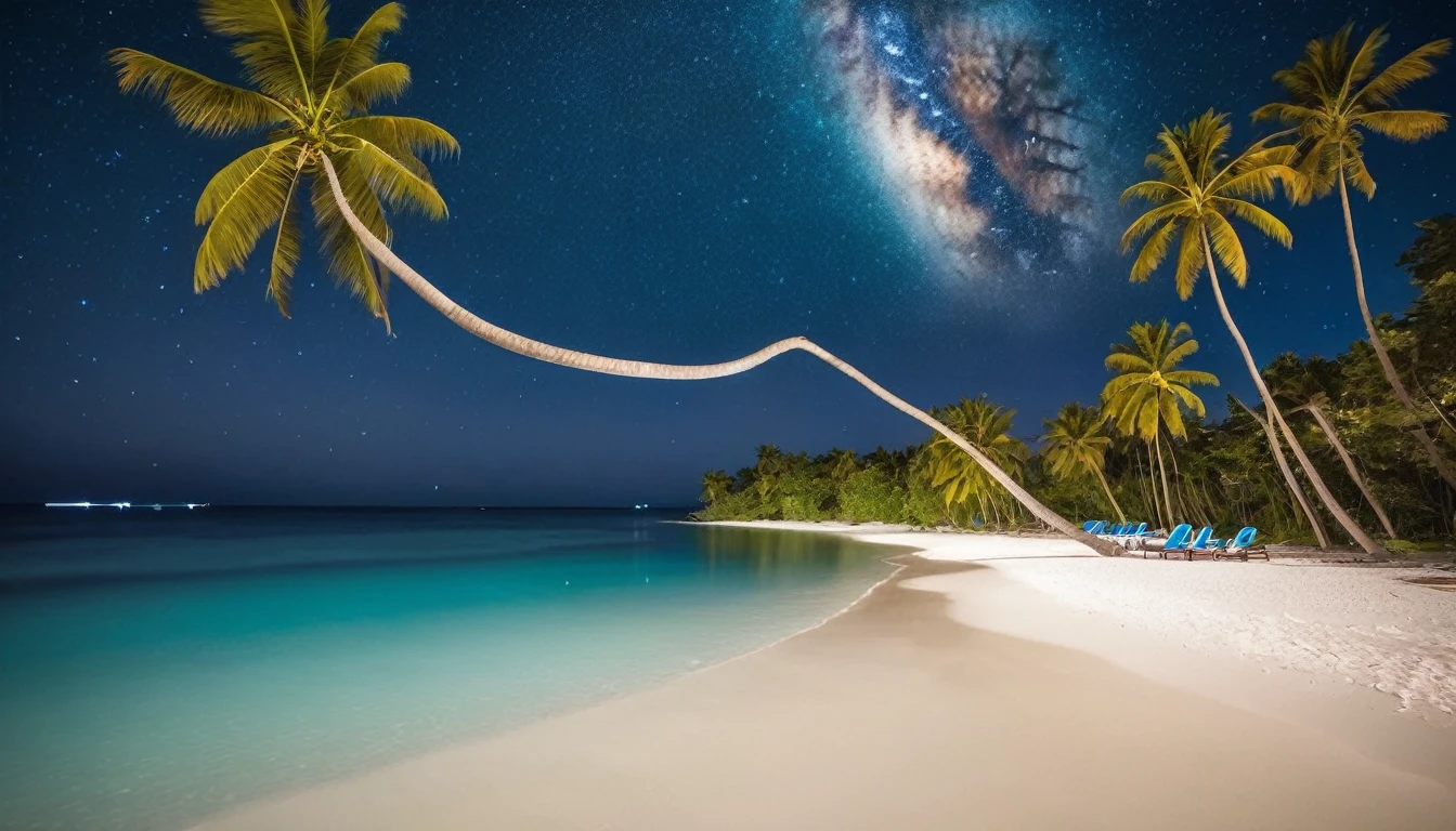 "A beach with clear, bright blue water, soft white sand, beautiful coconut trees, and a clear night sky filled with stars."