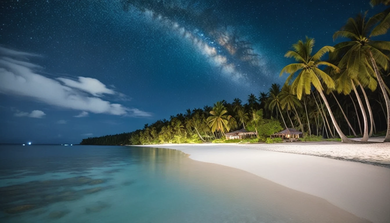 "A beach with clear, bright blue water, soft white sand, beautiful coconut trees, and a clear night sky filled with stars."