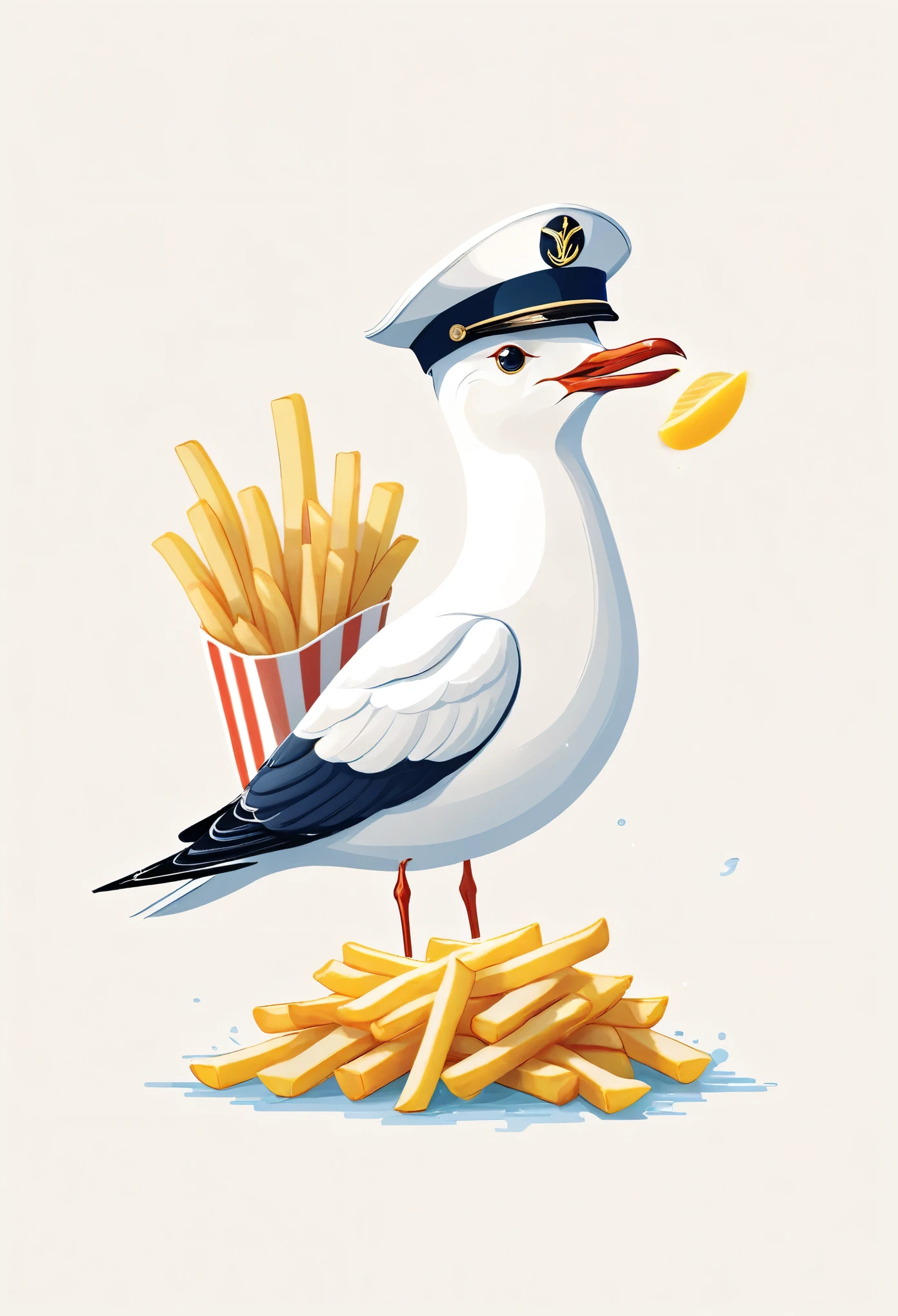 Fixes,cute illustration,A sailor-style seagull is adding French fries to its beak,This design is used for Scandinavian goods, T-shirts, etc.,Influenced by Lisa Laurent,Illustrations drawn by picture book authors,minimalist,simple and cute,white background,seagull,sailor's hat,french fries,best composition,Eye-friendly color balance,nordic style,This is an illustration popular with women and children.,cute,fancy,Please draw carefully,kind