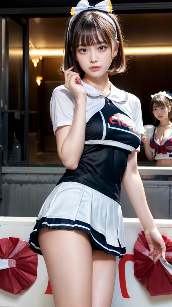 masterpiece, best quality, illustration, Super detailed, fine details, High resolution, 8K,wall paper, perfect dynamic composition,(Details High quality, realistic depiction of eyes:1.3), hotel room, (cheer girl:1.5),(a miniskirt), to stand、large breasts,short bob hair, black hair color, Big Natural Color Lip, bold sexy pose, crying a little、Harajuku style、20 year old girl、cute type、ta、beautiful legs, hposing Gravure Idol