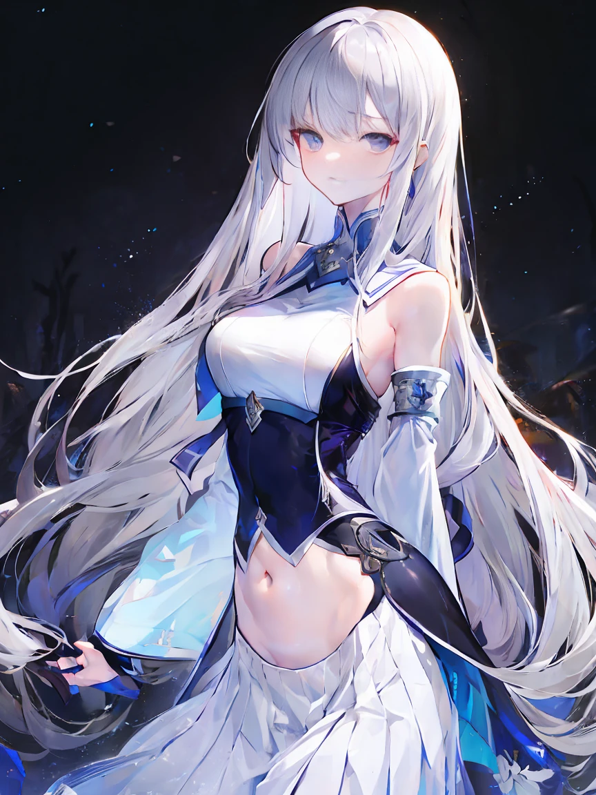 Light purple gradient hair,asymmetrical hair,((Thick hair 1.8,Clear head outline 1.6)), Shoulder-length hair, messy hair, Very long hair, shiny hair,(long gray hair:1.2),A beautiful girl,(White school uniform, Black skirt,Navel,Bare shoulders,Blue tie)(Separate sleeves,Wide sleeves),(Fingerless gloves),(Transparent clothes transparent 1.8),Perfect body,,(Looks sad,Looks haggard ,Grief,shut your mouth:1.2) With dark forest background,,Upper body photo。(avatar)