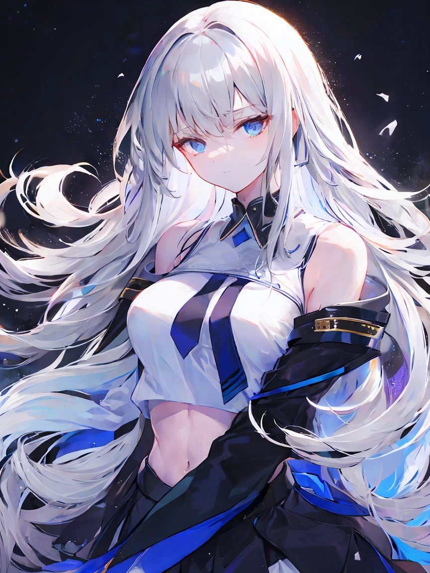 Light purple gradient hair,asymmetrical hair,((Thick hair 1.8,Clear head outline 1.6)), Shoulder-length hair, messy hair, Very long hair, shiny hair,(long gray hair:1.2),A beautiful girl,(White school uniform, Black skirt,Navel,Bare shoulders,Blue tie)(Separate sleeves,Wide sleeves),(Fingerless gloves),(Transparent clothes transparent 1.8),Perfect body,,(Looks sad,Looks haggard ,Grief,shut your mouth:1.2) With dark forest background,,Upper body photo。(avatar)