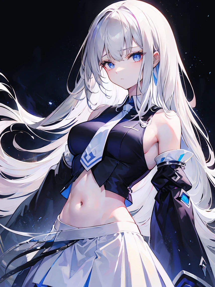 Light purple gradient hair,asymmetrical hair,（（Thick hair 1.8，Clear head outline 1.6））， Shoulder-length hair, messy hair, Very long hair, shiny hair，(long gray hair:1.2),A beautiful girl，（White school uniform, Black skirt，Navel，Bare shoulders，Blue tie）(Separate sleeves,Wide sleeves),(Fingerless gloves)，（Transparent clothes transparent 1.8），Perfect body，，(Looks sad，Looks haggard ，Grief，shut your mouth：1.2） With dark forest background，，Upper body photo。（avatar）