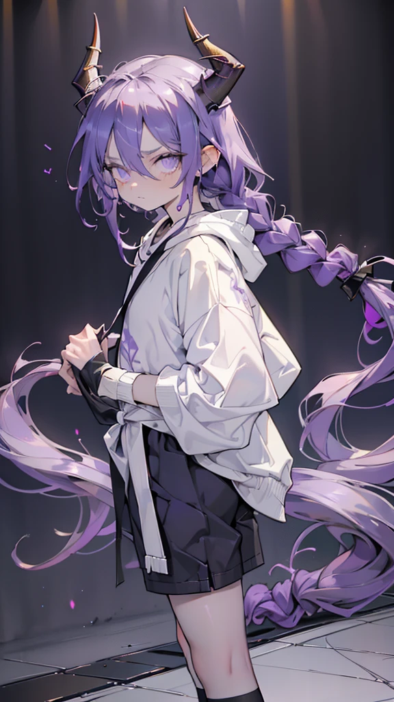 boy. open forehead. Long dark purple hair braided on the left side. Black horns with white ribbon. pale violet eyes. Long white t-shirt. Dark purple shorts. Dark purple knee socks. Robe with a white hood with an ornament of gold rings. Concrete walls black limit purple light water on the floor