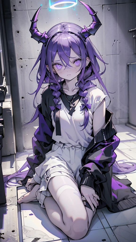 BOY. open forehead. Long dark purple hair braided on the left side. Black horns with white ribbon. pale violet eyes. Long white t-shirt. Dark purple shorts. Dark purple knee socks. Robe with a white hood with an ornament of gold rings. Concrete walls black limit purple light water on the floor