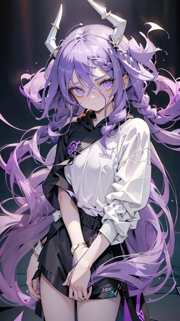 BOY. open forehead. Long dark purple hair braided on the left side. Black horns with white ribbon. pale violet eyes. Long white t-shirt. Dark purple shorts. Dark purple knee socks. Robe with a white hood with an ornament of gold rings. Concrete walls black limit purple light water on the floor