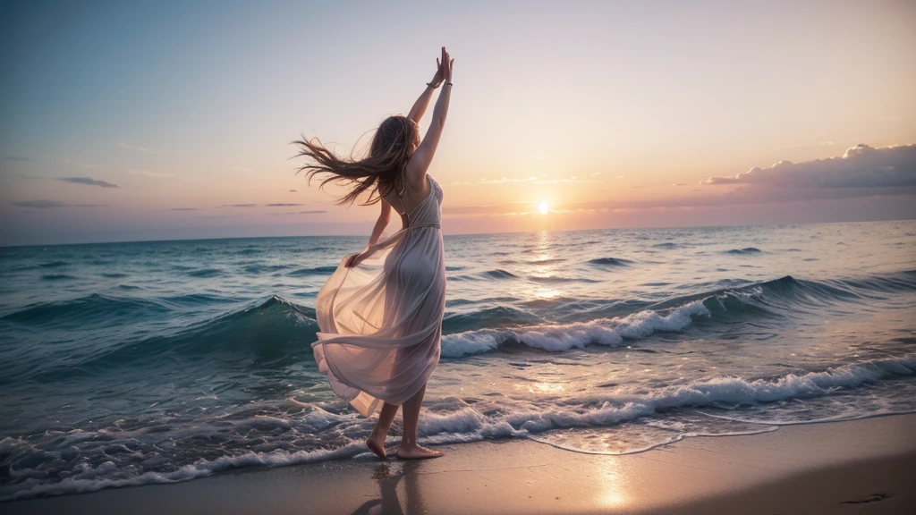 A serene and inspiring cover that captures the essence of faith and tranquility. The background features a calm ocean at sunset, with warm hues of orange, pink, and purple blending harmoniously. In the foreground, a silhouette of a person standing on the shore, arms raised towards the sky in a gesture of worship and surrender. Soft light rays emanate from above, adding a divine touch. The text "Kemuel - Oceanos (Trix & Flix Feat. Shaggy - Like a Superstar Remix)" is elegantly placed at the top, using a gentle, flowing font to convey a sense of peace and reverence. The overall design should evoke a feeling of spiritual connection and uplifting energy.