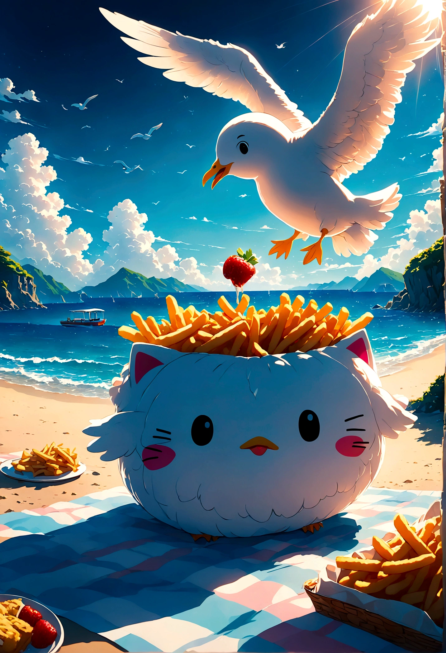 cartoon style, cute Hello Kitty invite MR Seagull eat Fries lunch together, picnic, by the sea, anime screenshot, source_anime, dramatic composition, cinematic dynamic action scene, vibrant colors, cinematic lighting, dramatic lighting, best quality, masterpiece, very aesthetic, perfect composition, intricate details, ultra-detailed