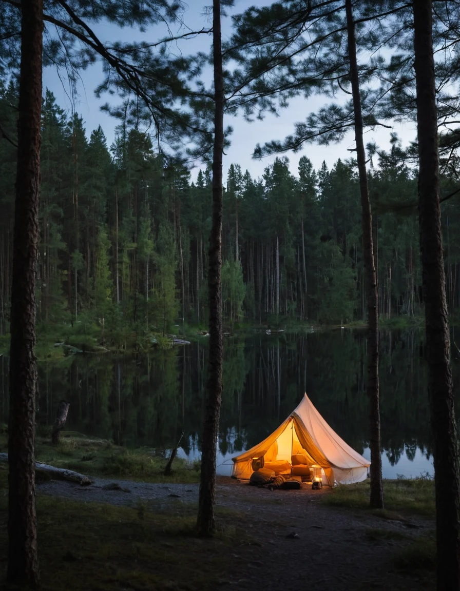 there is a tent set up on the shore of a lake, tent architecture, camping, campsites, camp, dusk setting, canopee, canopies, silk tarps hanging, well shaded, !!beautiful!!, by Jaakko Mattila, full subject shown in photo, by Jens Søndergaard, scenic full shot, near a lake