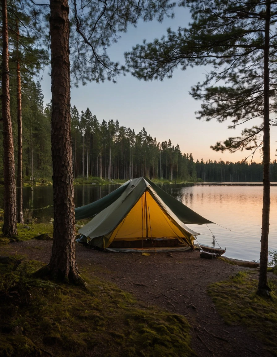 there is a tent set up on the shore of a lake, tent architecture, camping, campsites, camp, dusk setting, canopee, canopies, silk tarps hanging, well shaded, !!beautiful!!, by Jaakko Mattila, full subject shown in photo, by Jens Søndergaard, scenic full shot, near a lake